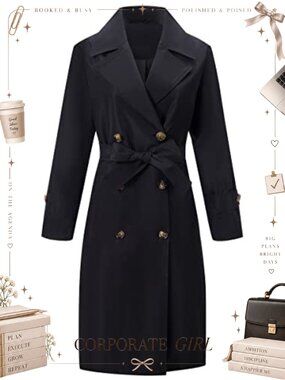 Women Double-Breasted Water Resistant Trench Coat Knee-Length Belted